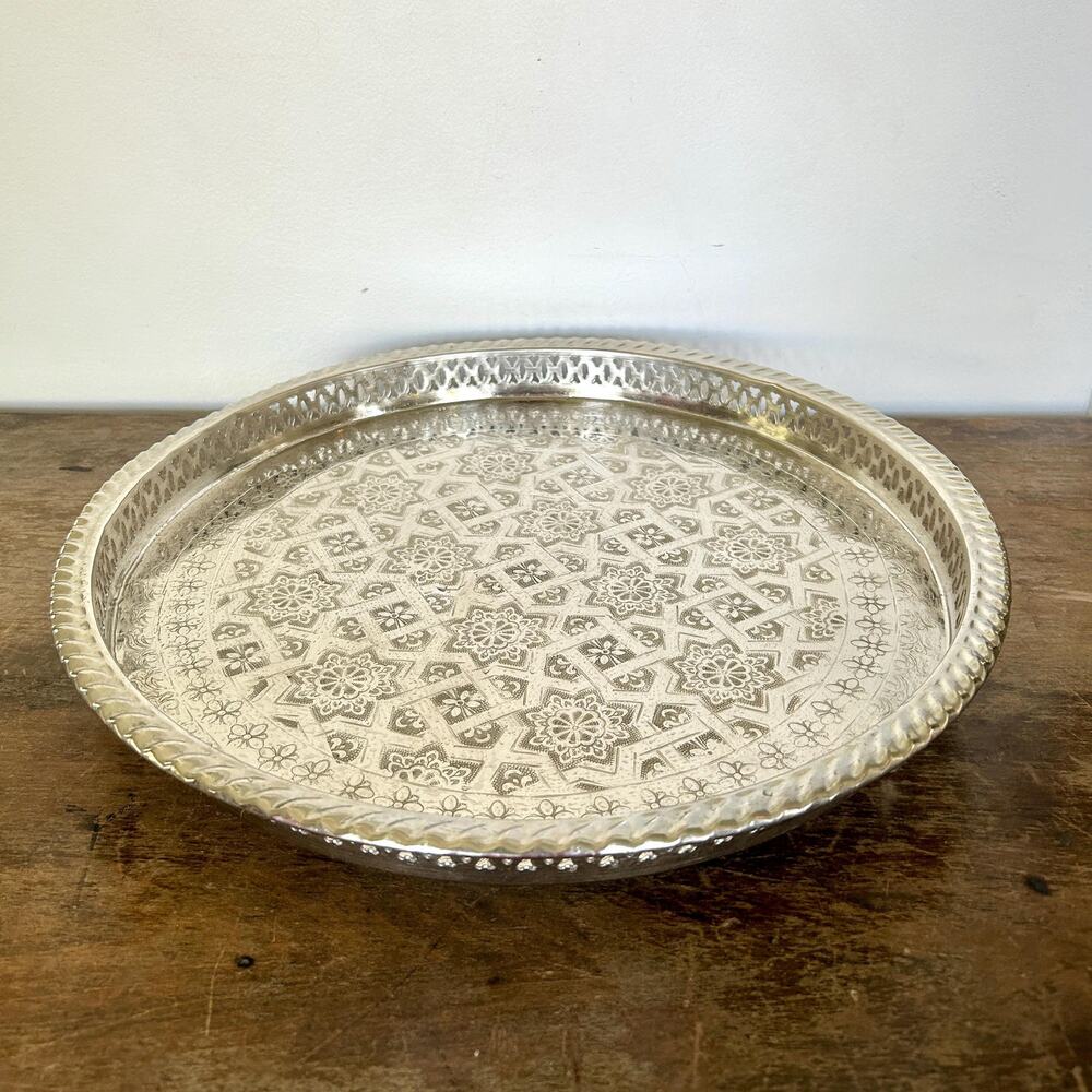 Vintage Moroccan Handmade Silver Plated Round Footed Serving Tray
